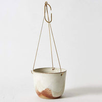 Stoneware Hanging Planter - Brass Basket - Glacier